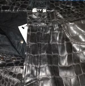 Vintage Versace Jeans Couture Black Croc Embossed Leather Pants Y2K 90s IT 36/50